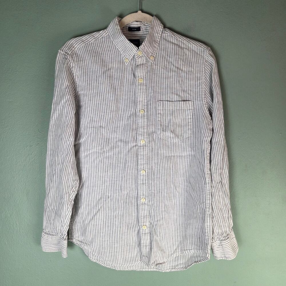 J. Crew Factory Mens White Gray Slim Fit Linen Cotton Button Down LS Shirt Small